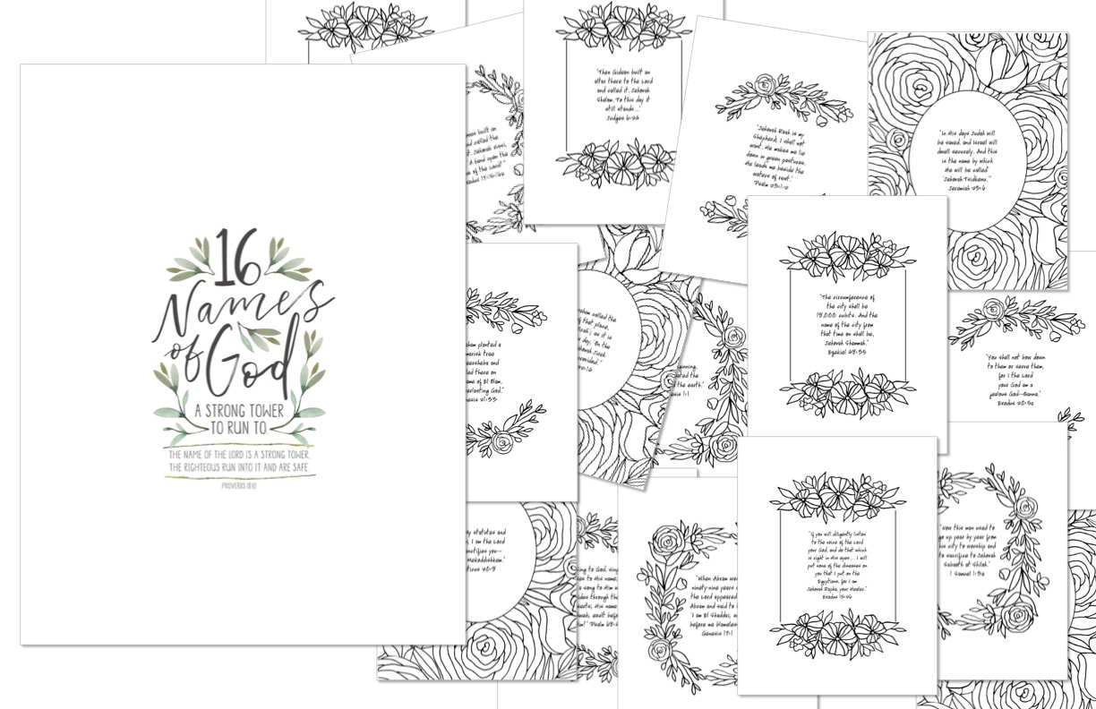 16 Names of God coloring sheets layout